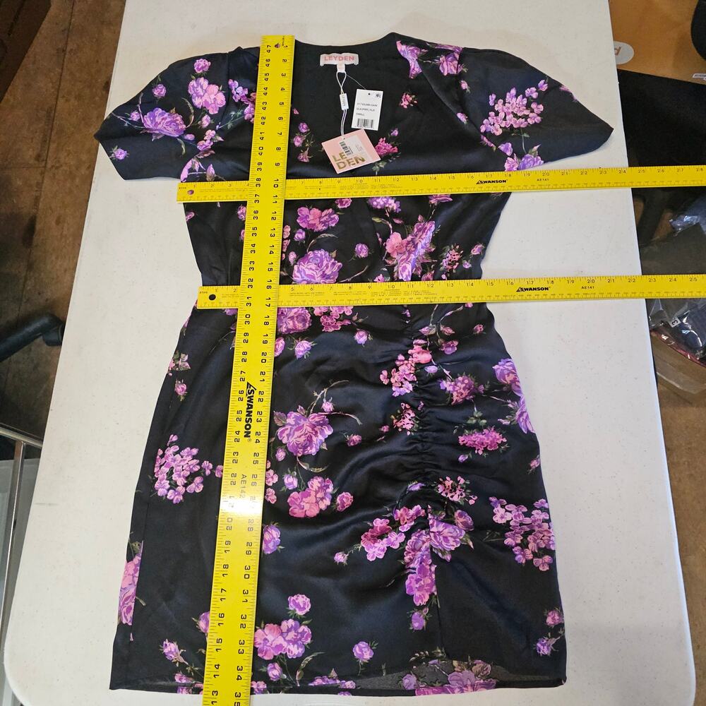 NEW LEYDEN Black Floral Satin Ruched Wrap Dress Short Sleeve Size S 3371 - Picture 13 of 14